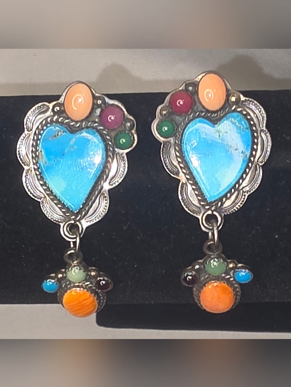 Native American sterling silver Earrings Signed, Heart Turquoise - Picture 10 of 14